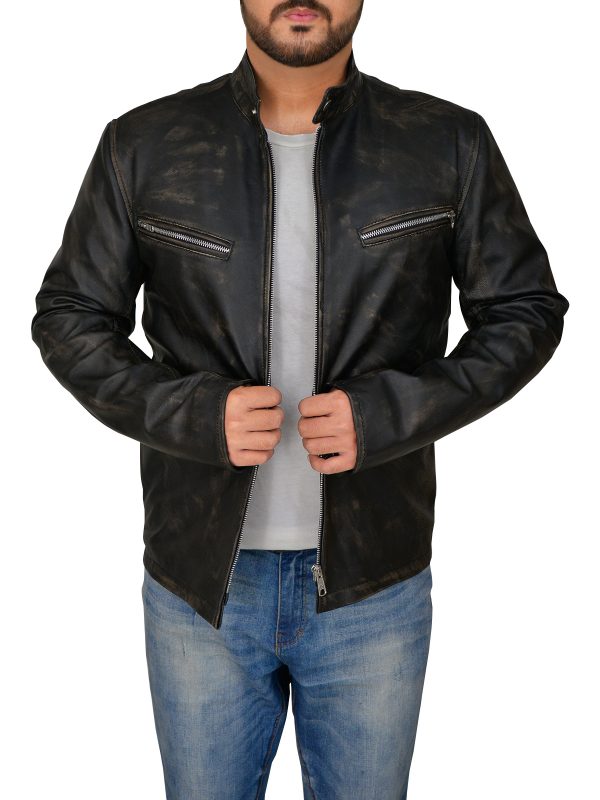 Premium Avanzar Men’s Distressed Black Cafe Racer Jacket