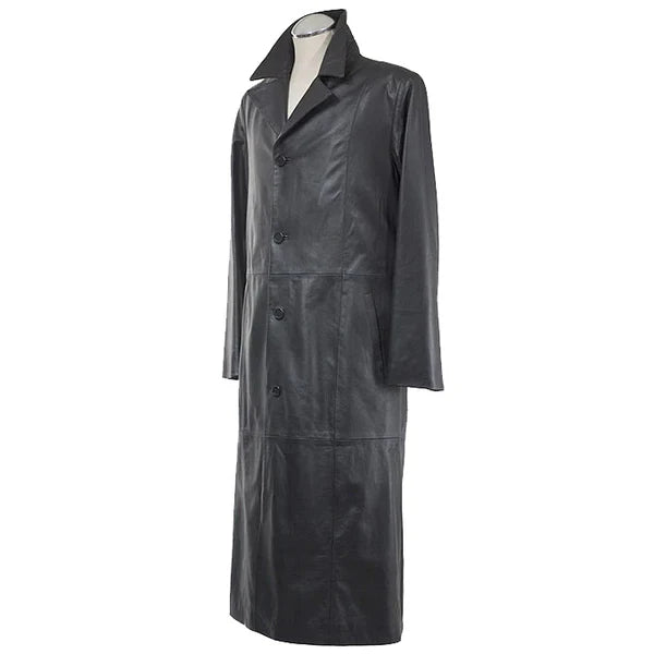 Men’s Long Black Leather Trench Coat