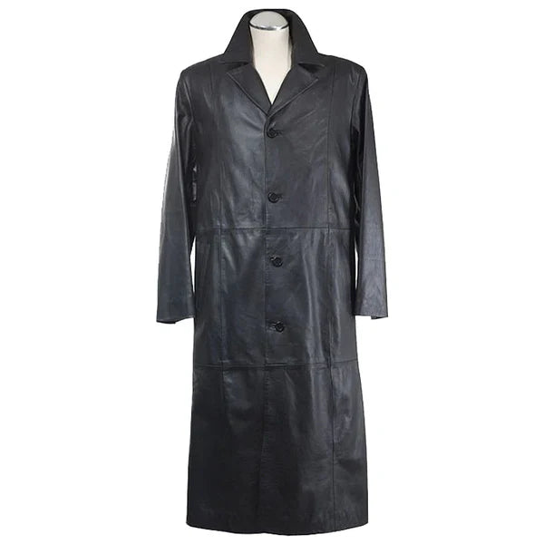 Men’s Long Black Leather Trench Coat