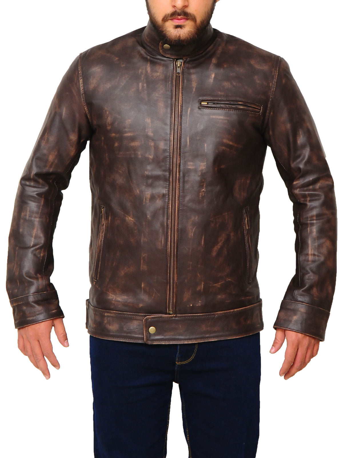 Premium Avanzar Distressed Brown Snap Tab Leather Jacket