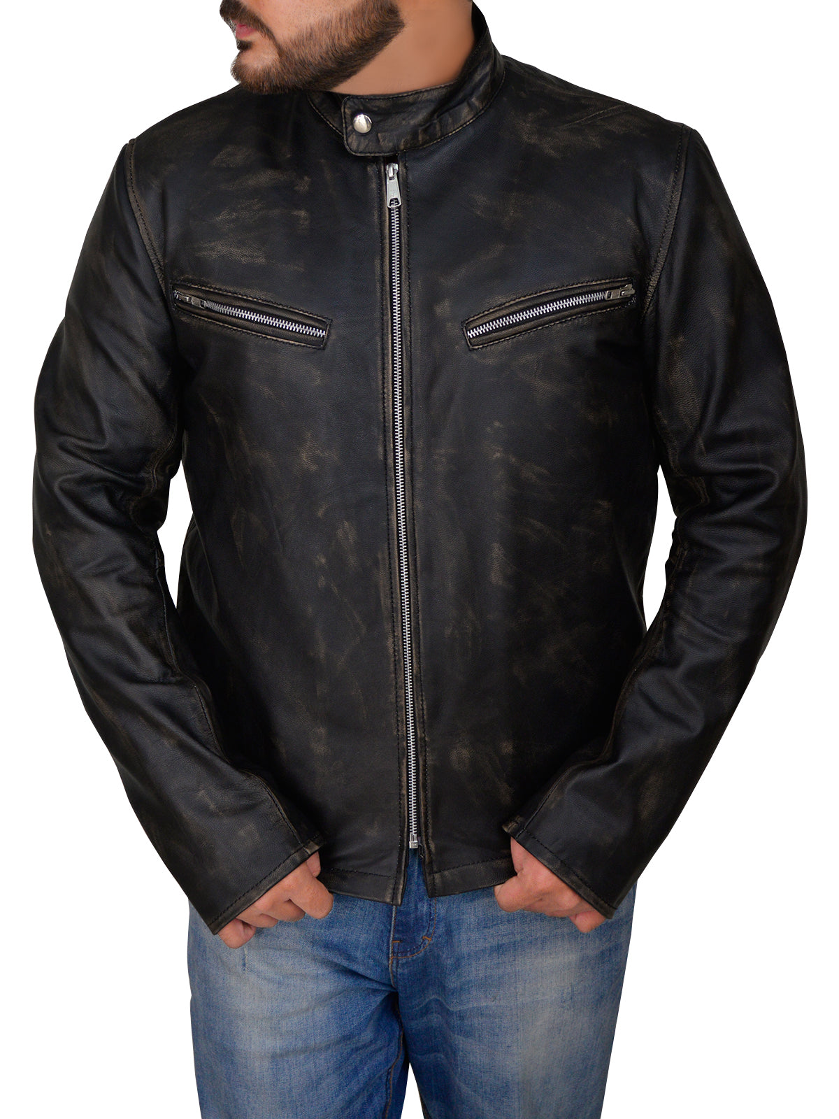 Premium Avanzar Men’s Distressed Black Cafe Racer Jacket