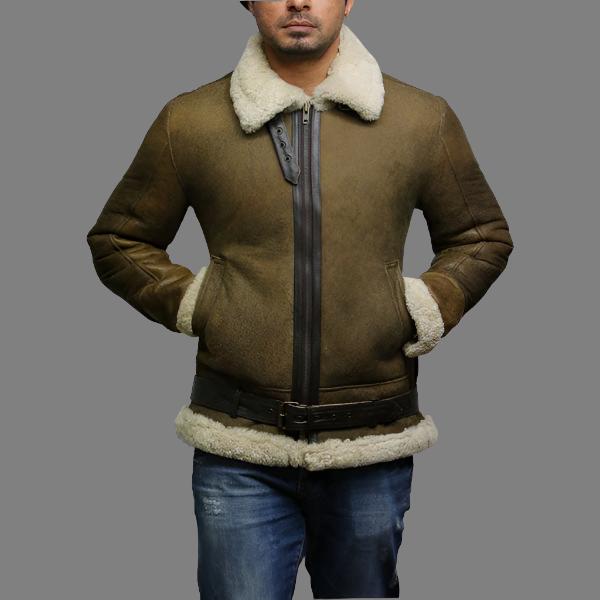 Men's Real Shearling Sheepskin Aviator Bomber Flying Jacket