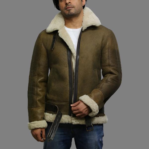 Men's Real Shearling Sheepskin Aviator Bomber Flying Jacket