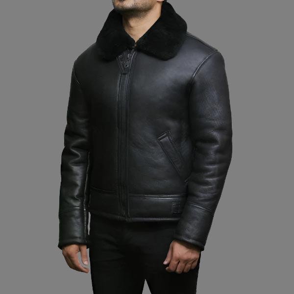 Men's Black Aviator B3 Real Shearling Sheepskin Bomber Jacket