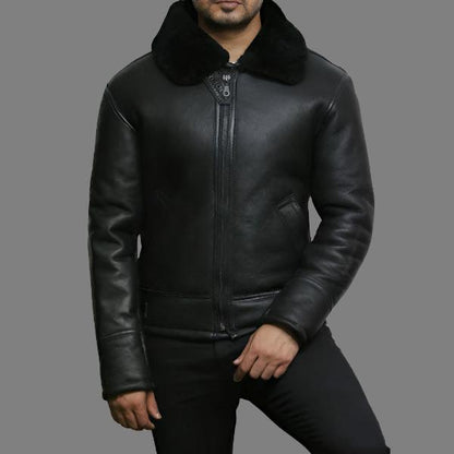 Men's Black Aviator B3 Real Shearling Sheepskin Bomber Jacket