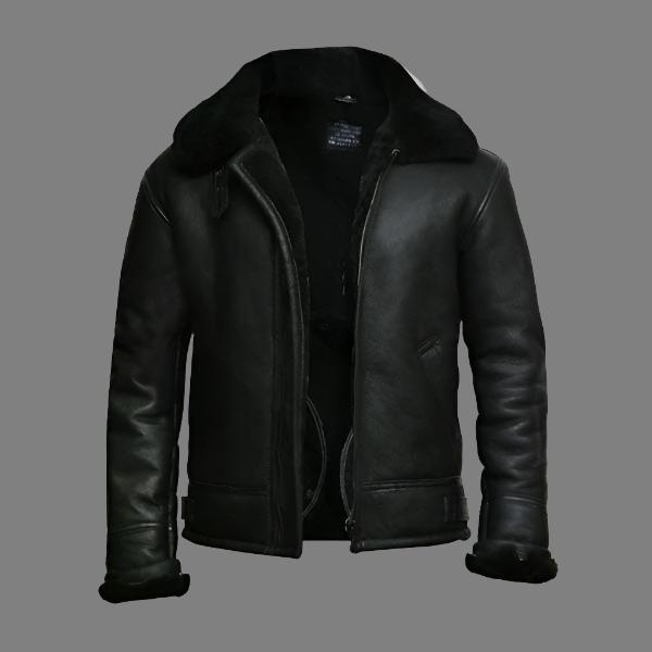 Men's Black Aviator B3 Real Shearling Sheepskin Bomber Jacket