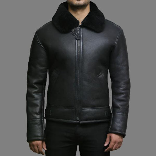 Men's Black Aviator B3 Real Shearling Sheepskin Bomber Jacket