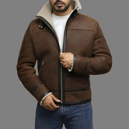 Men's Brown Genuine Shearling Sheepskin Leather Jacket - Vintage Style