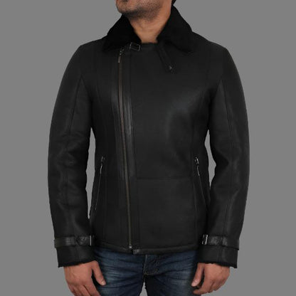 Men's Luxury Aviator Black Leather Shearling Sheepskin Flying Coat