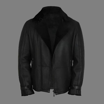 Men's Luxury Aviator Black Leather Shearling Sheepskin Flying Coat