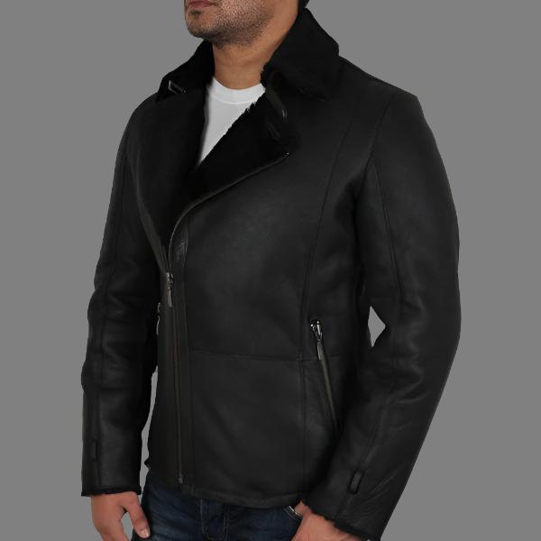 Men's Luxury Aviator Black Leather Shearling Sheepskin Flying Coat