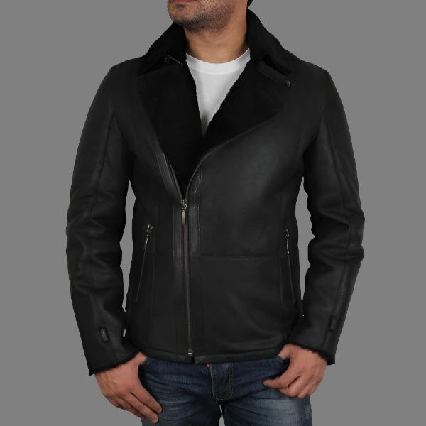 Men's Luxury Aviator Black Leather Shearling Sheepskin Flying Coat