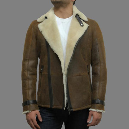 Men's Luxury Rust Brown Shearling Sheepskin Aviator Leather Flying Jacket