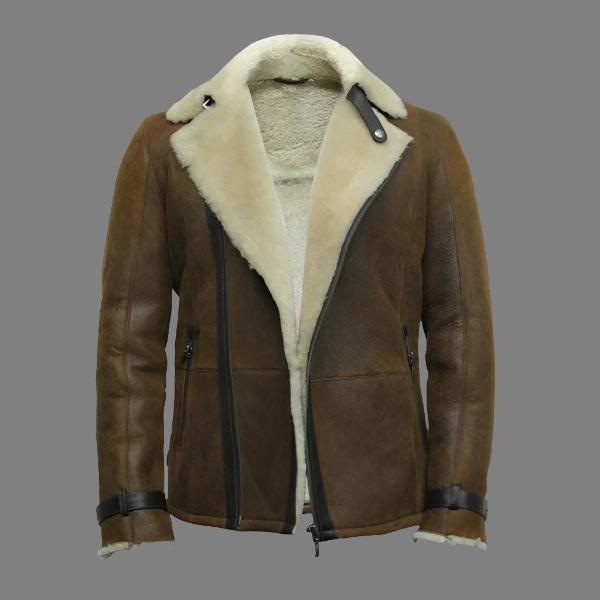 Men's Luxury Rust Brown Shearling Sheepskin Aviator Leather Flying Jacket