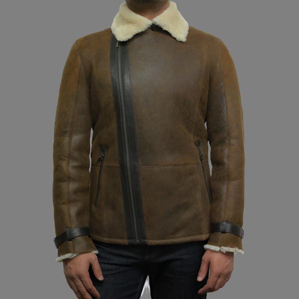 Men's Luxury Rust Brown Shearling Sheepskin Aviator Leather Flying Jacket