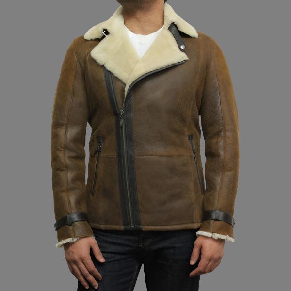 Men's Luxury Rust Brown Shearling Sheepskin Aviator Leather Flying Jacket