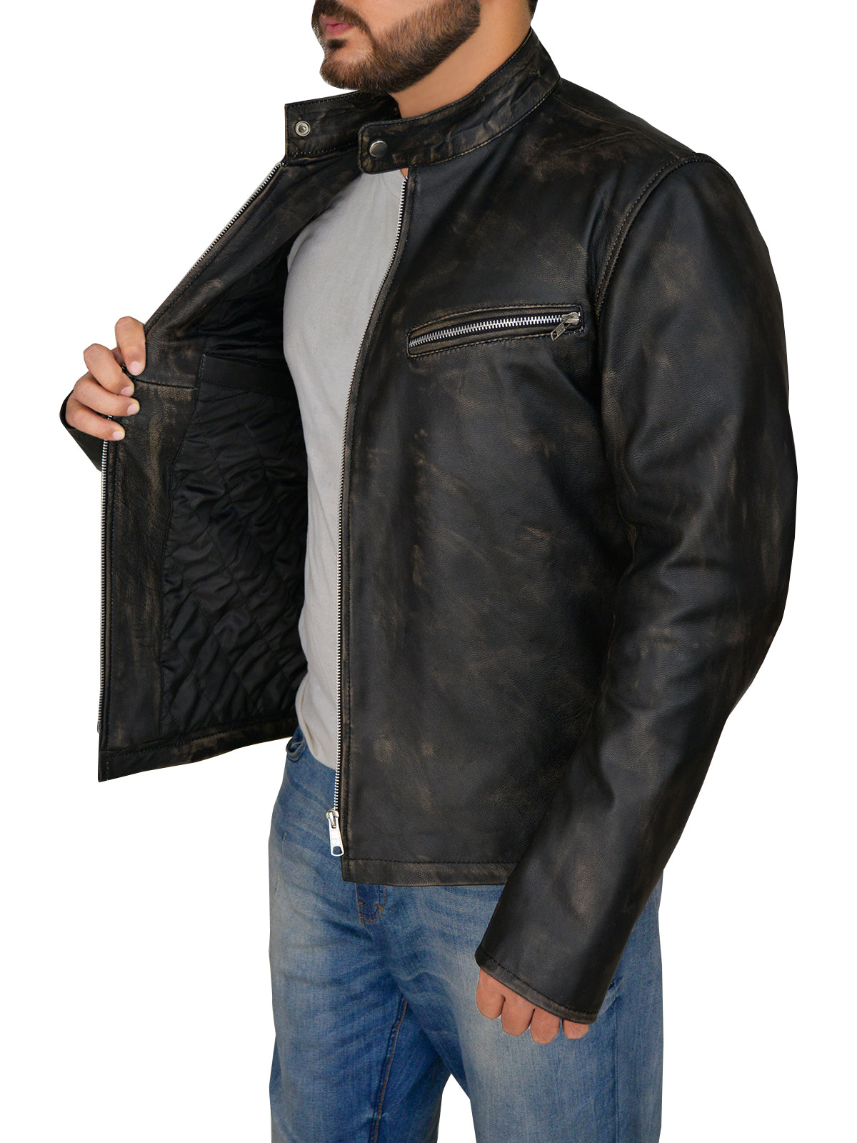 Premium Avanzar Men’s Distressed Black Cafe Racer Jacket