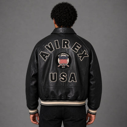 Back view Avirex USA black leather varsity bomber jacket