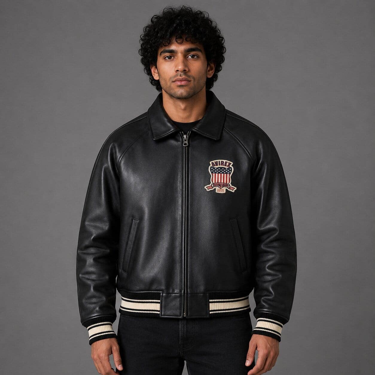 Front view Men’s Avirex USA black leather bomber jacket with patch