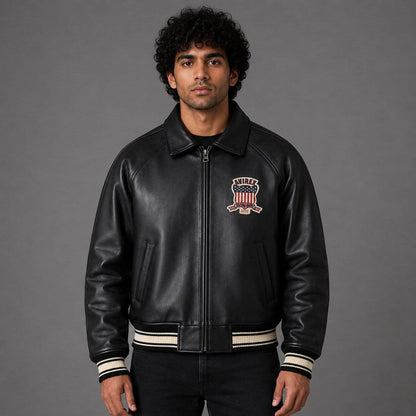 Front view Men’s Avirex USA black leather bomber jacket with patch
