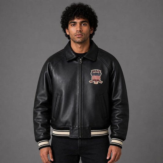 Front view Men’s Avirex USA black leather bomber jacket with patch