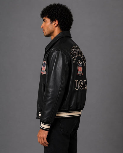 Side profile black Avirex varsity bomber leather jacket men