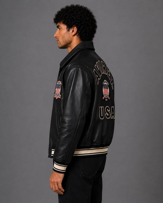 Side profile black Avirex varsity bomber leather jacket men