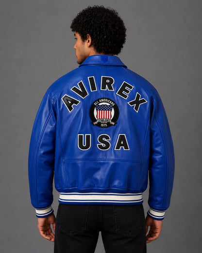 Back view Avirex USA mazarine blue varsity leather bomber jacket