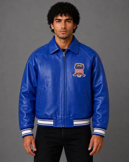 Front view Men’s Avirex USA mazarine blue leather bomber jacket