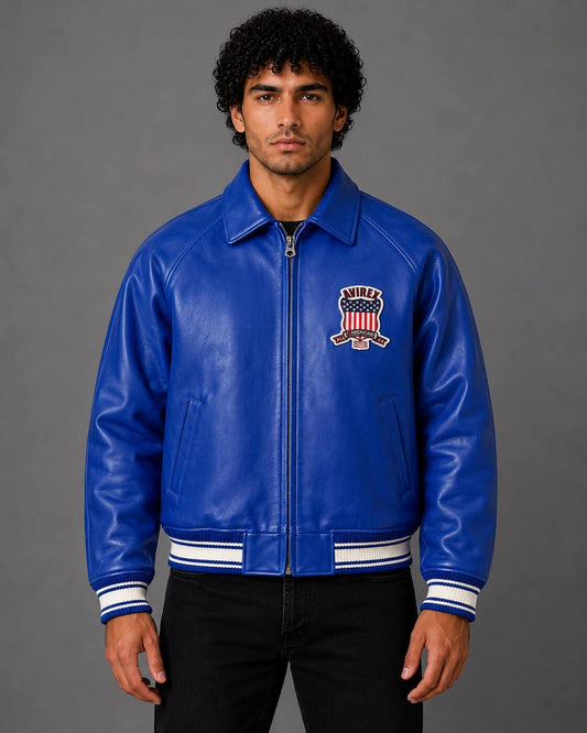 Front view Men’s Avirex USA mazarine blue leather bomber jacket