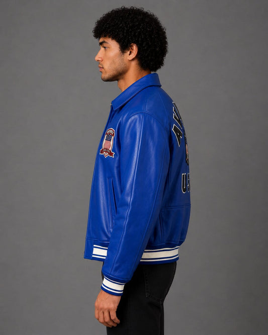 Side profile mazarine blue Avirex leather bomber jacket