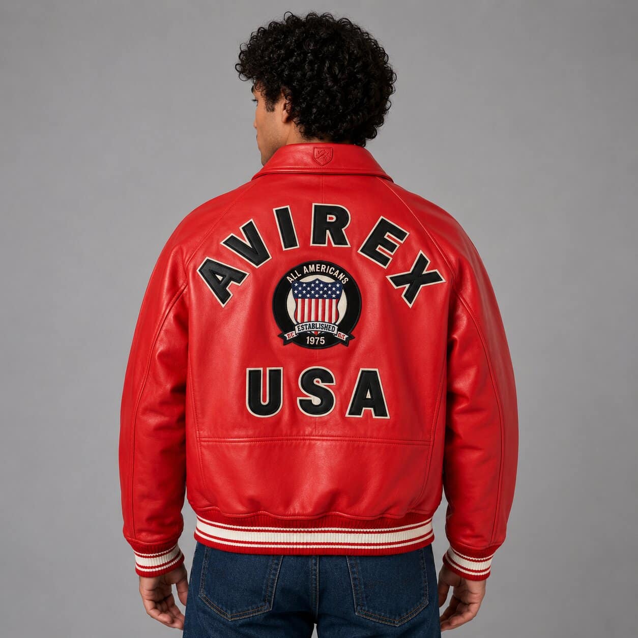 Back view Avirex red leather varsity bomber jacket men