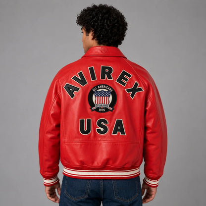Back view Avirex red leather varsity bomber jacket men