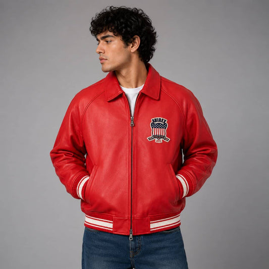 Front view Men’s Avirex red leather bomber jacket with USA patch