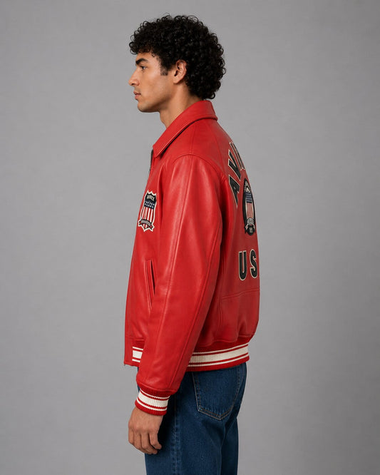 Side profile red Avirex varsity bomber leather jacket
