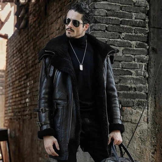 Men's Black B7 Bomber Sheepskin Leather Coat with Oversized Collar