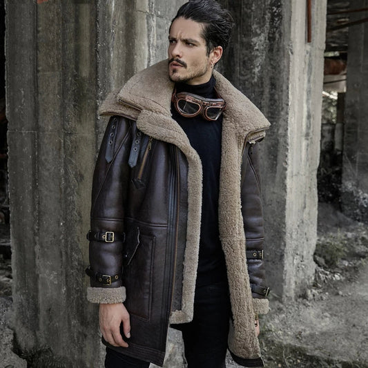 Men's Dark Brown B7 Bomber Sheepskin Leather Coat with Oversized Collar