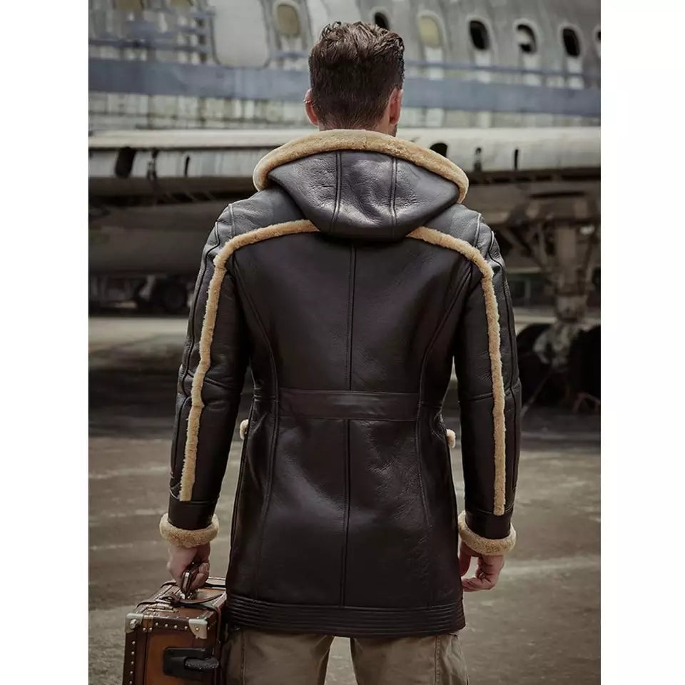 Men's B7 Bomber Sheepskin Leather Coat with Hood in Dark Brown