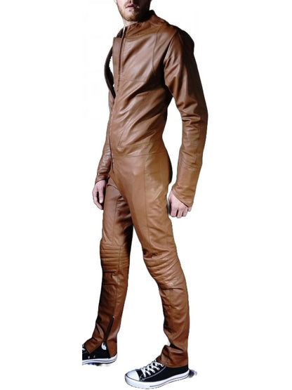 Avanzar Leather Men's Biker Style Real Sheepskin Brown Motorcycle Leather Jumpsuit