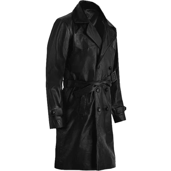 Men’s Black Double-Breasted Leather Trench Coat