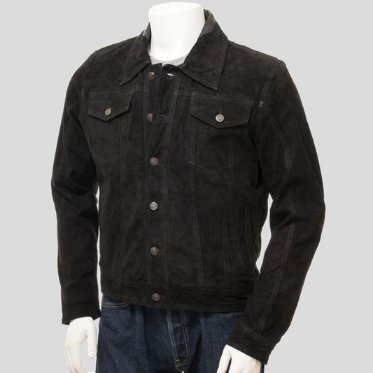 Men’s Black Suede Leather Trucker Jacket – Bold & Rugged Avanzar Leather