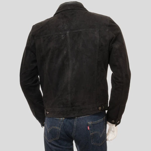 Men’s Black Suede Leather Trucker Jacket – Bold & Rugged Avanzar Leather