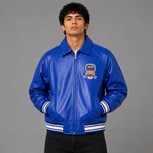 Men’s Blue Avirex Leather Bomber Jacket in Genuine Leather