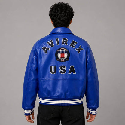 Men’s Blue Avirex Leather Bomber Jacket in Genuine Leather