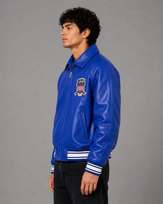 Men’s Blue Avirex Leather Bomber Jacket in Genuine Leather
