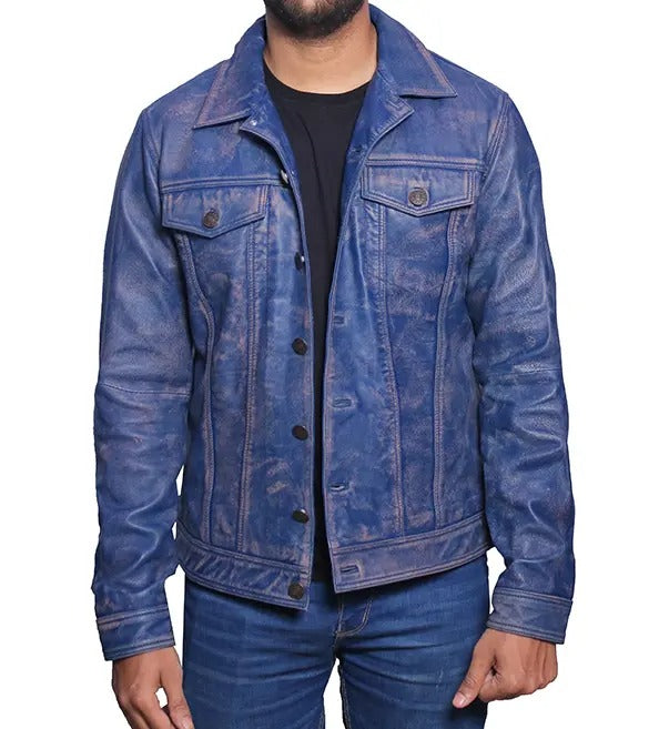 Men’s Distressed Blue Trucker Leather Jacket