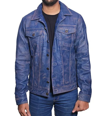 Men’s Distressed Blue Trucker Leather Jacket