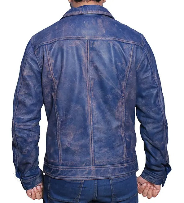 Men’s Distressed Blue Trucker Leather Jacket