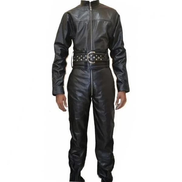 Avanzar Leather Men's Bold Fashion Real Sheepskin Black Leather Jumpsuit