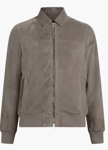 Men's Grey Suede Leather Bomber Jacket Modern Elegance